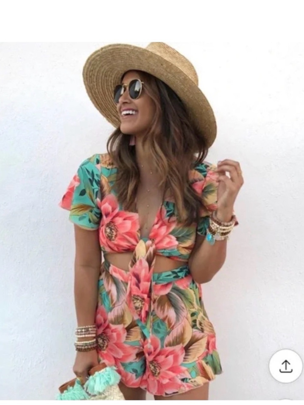 Show me your mumu Floral V-Neck Top in Coral, Teal & Brown women XS